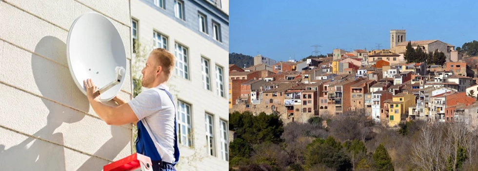 Un hombre instala una antena parabólica en el costado de un edificio; junto a ella, una vista de un pueblo en la ladera de una montaña con casas agrupadas y una iglesia.