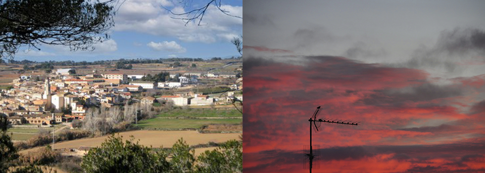Un pueblo rural con campos bajo un cielo azul a la izquierda; una antena de televisión recortada contra un cielo rojo al atardecer a la derecha.