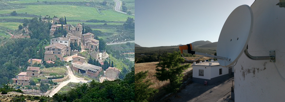 A la izquierda se muestra un pueblo rural con edificios agrupados; a la derecha, una antena parabólica montada domina un paisaje con casas y colinas dispersas.