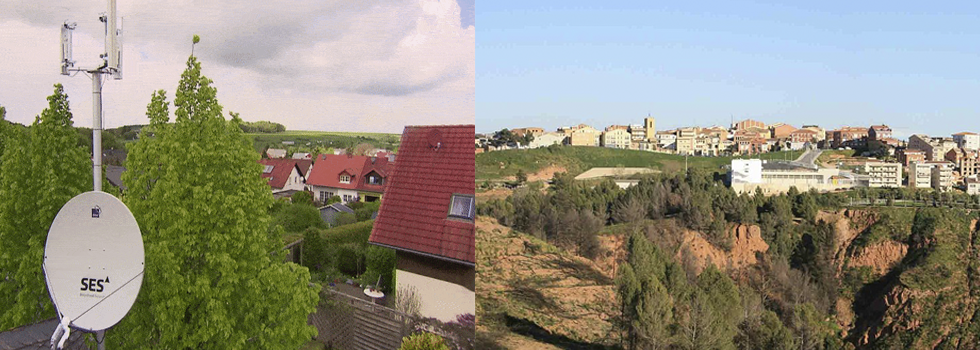 A la izquierda, una zona residencial con antenas parabólicas y árboles verdes; a la derecha, un paisaje montañoso con edificios y escasa vegetación.
