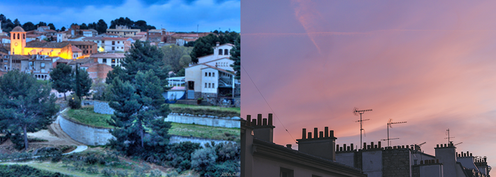 Dos imágenes paralelas: a la izquierda, una ciudad con edificios y árboles iluminados al atardecer, y a la derecha, tejados en silueta con antenas contra un cielo rosado al atardecer.