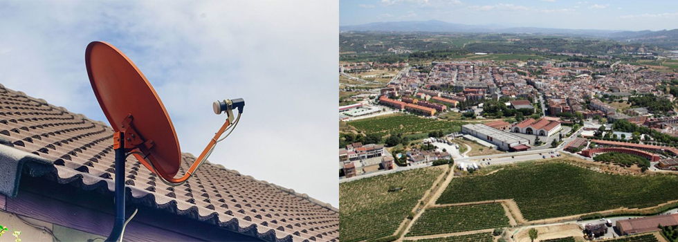 Izquierda: una antena parabólica naranja montada sobre un tejado de tejas. Derecha: Vista aérea de una ciudad con edificios, campos y montañas lejanas bajo un cielo parcialmente nublado.