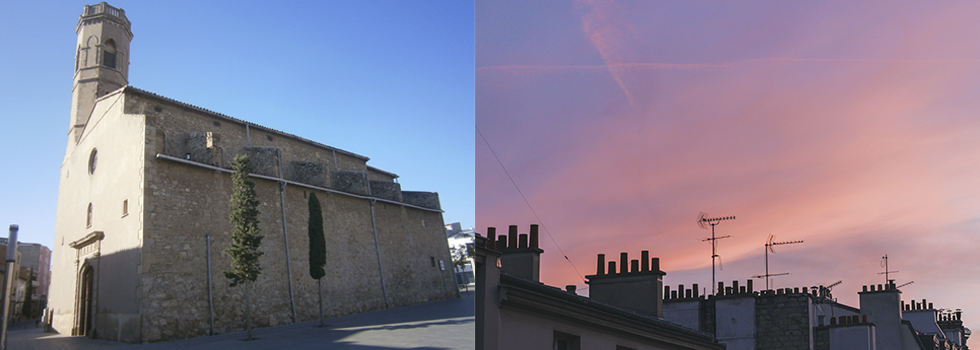 Dos escenas contrastadas: a la izquierda, un viejo edificio de piedra con campanario bajo un cielo azul despejado; a la derecha, chimeneas y antenas en los tejados al atardecer con un cielo rosado.